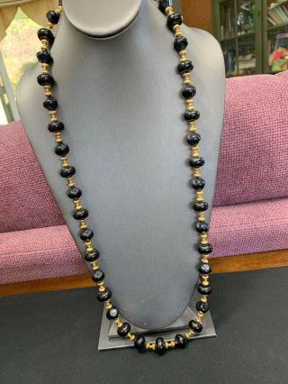 Vintage Trifari Beaded Necklace Black And Gold Lucite Long Strand 34”