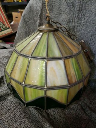 Vintage Leaded Stained Glass Hanging Light - Lamp Shade - Fixture Greens