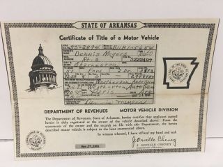 Vintage 1951 Ford 2 Door Coupe Arkansas Car Title Historical Document.