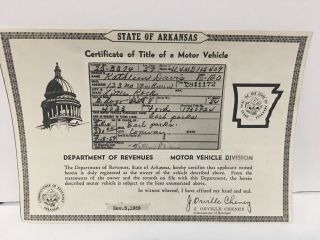 Vintage 1954 Ford 2 Door Coupe Arkansas Car Title Historical Document