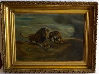Lion Family Lioness & Cub Antique Oil Painting In Gold Gilt Frame