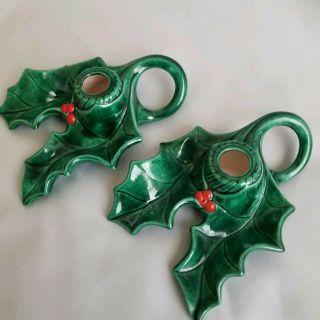 Two Vintage Ceramic Holland Holly Christmas Candle Holders