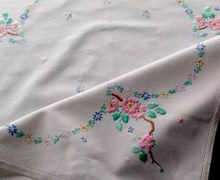 Vintage Hand Embroidered Cream Cotton " Cherry Blossom " Table Cloth 33 " X35 "