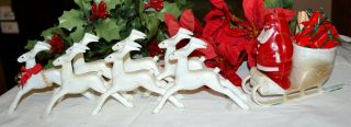 Vintage Rosbro Hard Plastic Santa In Sleigh,  7 Reindeer,  Rudolph Leading The Way