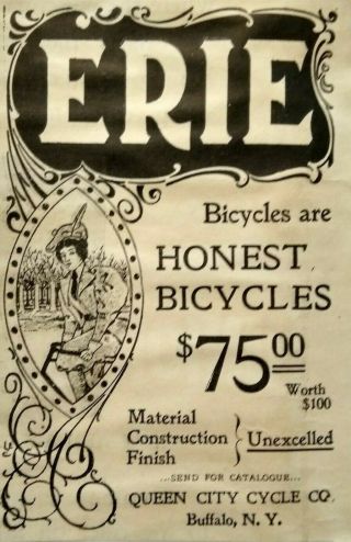 1896 Buffalo Ny Queen City Cycle Company Erie Bicycle Art Vintage Print Ad
