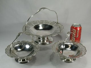 Antique Chinese Hand Done Pure Silver Three Basket Table Garniture Signed 1,  121g