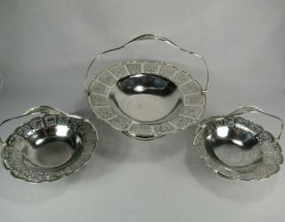 Antique Chinese Hand Done Pure Silver Three Basket Table Garniture Signed 1,  121g 3