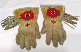 Antique Native American Indian Beaded Leather Gauntlet Gloves
