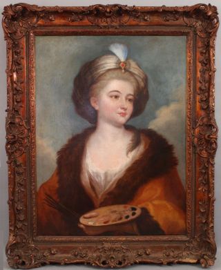 Large Antique 18thc Female Artist W/ Palette Self Portrait O/c Oil Painting,  Nr