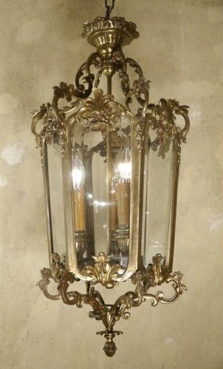 Large Antique Bronze Hanging Lantern Chandelier Lamp Foyer Brass Lustre