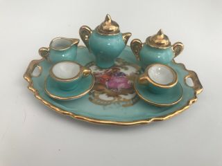 Vintage Limoges Porcelain Miniature Mini Aqua Blue Tea Set 10 Pc.