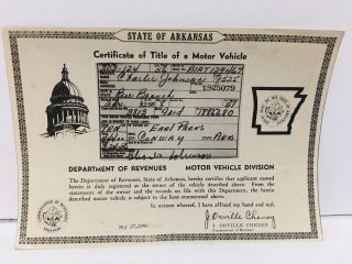 Vintage 1951 Ford 2 Door Coupe Arkansas Car Title Historical Document