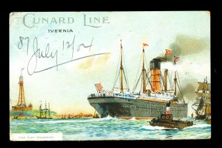 1904 Cunard Line Ivernia Cruise Steam Ship Queenstown Cobh Uk Gb Postcard H65