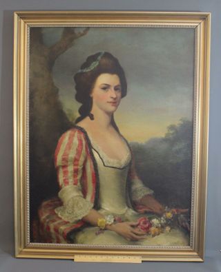 Large Antique American Victorian Portrait Oil Painting Of 18thc Woman W/ Flowers