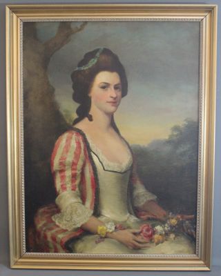 Large Antique American Victorian Portrait Oil Painting of 18thC Woman w/ Flowers 2