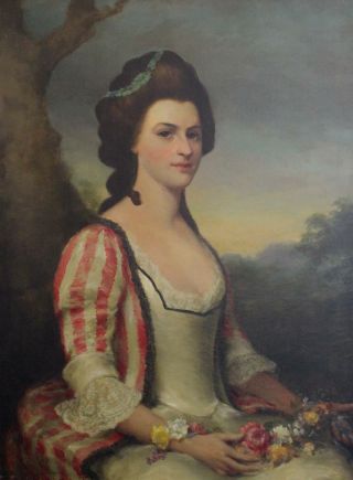 Large Antique American Victorian Portrait Oil Painting of 18thC Woman w/ Flowers 3