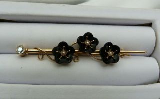 Antique Victorian 14k Gold.  25ct Diamond Onyx Pearl Flowers Bar Pin 2.  5 " 5gram