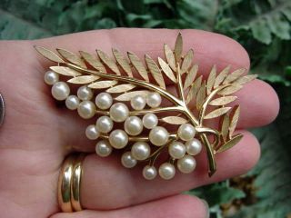 Vintage CROWN TRIFARI - gold tone - faux pearl - LEAF PIN - brooch 2