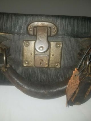 Vintage 20s Hard Box Black Leather Suitcase Brass Hardware Luggage Case Trunk