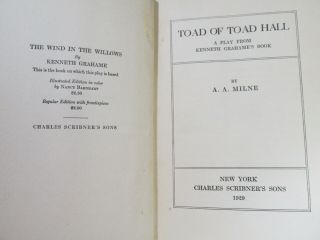1929 Milne TOAD OF TOAD HALL: A PLAY FROM KENNETH GRAHAME ' S BOOK 1st Ed.  HB/DJ 2