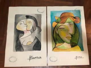 Pablo Picasso Spanish Artist Watercolor Drawings On Paper Signed 5