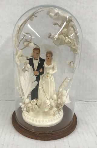 Vintage 1950 Chalk Bride & Groom Wedding Cake Topper In Glass Dome