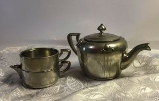 Vintage Pewter Tea Pot With Two Stacking Cups By Rice
