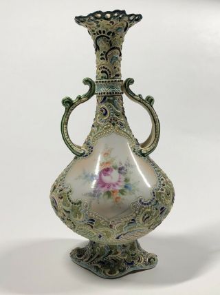 Antique 10 " Green Japanese Nippon Moriage Vase W/ Floral Decoration