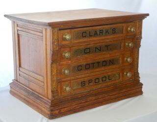 Antique CLARK ' S O.  N.  T.  COTTON SPOOL 4 - DRAWER CABINET.  Paneled Sides,  Back.  1845 3