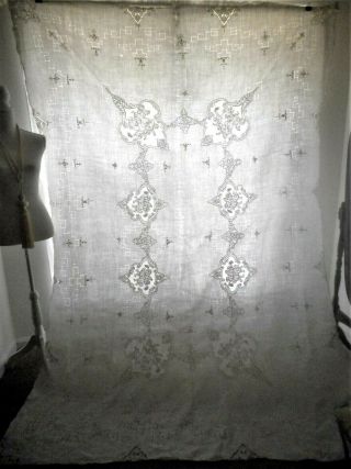 Fine Antique Victorian Vtg Embroidered Linen Richeliu Lace Tablecloth Bedspread