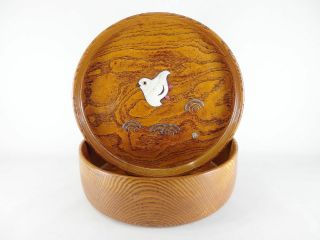Japanese Antique Vintage Inlaid Lacquer Wood Round Chabitsu Tea Box Chacha