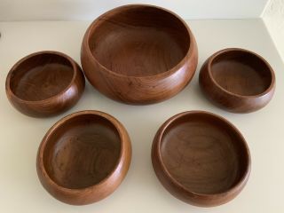 Vintage 5 Piece Wood Wooden Salad Bowl Set One Large Serving And 4 Small Bowls