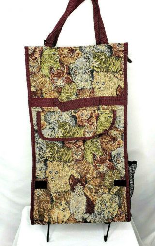 Bovano Rolling Tapestry Bag,  Collapsible,  Vintage Shopping Bag W/ Cats