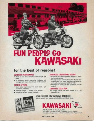 1966 Kawasaki Man Woman Fun People Go Motorcycle Bike Color Print Ad