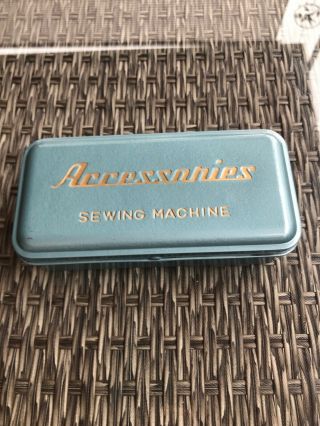 Vintage Blue Sewing Machine Accessories Metal Box With Various Scredrivers