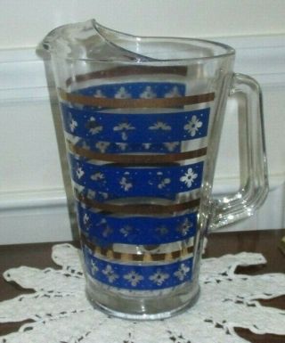 Vintage Barware Glass Pitcher With Gold And Royal Blue Stripes/floral Pattern.