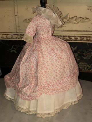 Extraordinary Calico Spun Cotton Antique Doll Dress French Lace