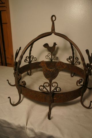 Antique Vintage Wrought Iron Rooster Rustic Pot And Pan Holder Hanging Rack