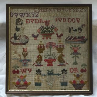 Unfaded English Antique Embroidered Tapestry Sampler With Two Dogs