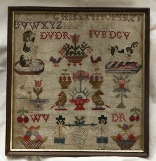 UNFADED ENGLISH ANTIQUE Embroidered Tapestry SAMPLER with Two DOGS 2