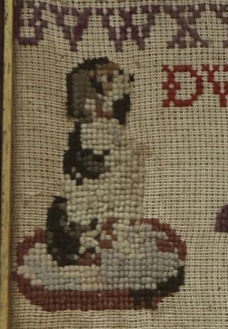 UNFADED ENGLISH ANTIQUE Embroidered Tapestry SAMPLER with Two DOGS 3