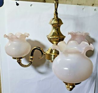 Vintage Solid Brass Matching 3 Arm Chandelier,  2 X 2 Arm Wall Lights And Shades