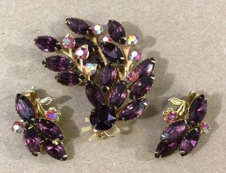 Vintage Purple Rhinestone Leaf Brooch And Clip On Earring Set (d64)