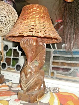 Vintage Mid Century Retro Carved Wooden Tiki Table Lamp & Wicker Shade