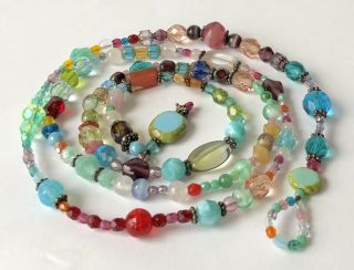 Statement Vintage Handmade Multi Color Art Glass Bead Necklace 34 "
