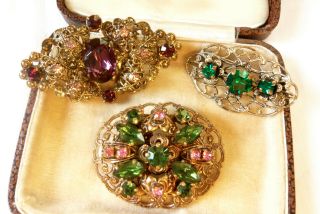 Vintage Jewellery Art Deco Czech Filigree Rhinestone Brooches Pins