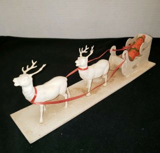Vintage Plastic Santa & Reindeer Mounted In Cardboard Sleigh Marked Irwin 15 "