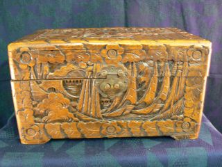 Vintage Antique Camphor Wood Carved Chest Box Jewelery Case Chinese