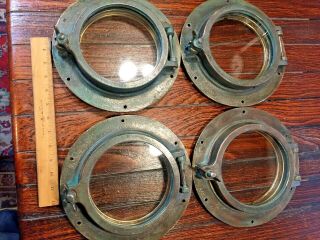 Set Of 4 Very Cast Bronze 6 " Glass Round Portholes 10 " Wide Patina
