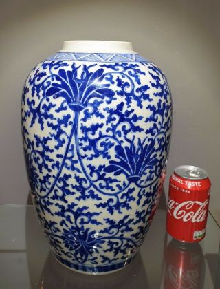 Huge Chinese 19th C Kangxi Style Blue & White Lotus Ovoid Jar / Vase